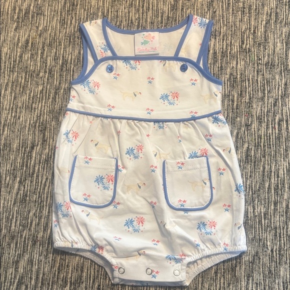 Stitchy Fish Other - Stitchy Fish Yellow Lab Dog Flag Firework Romper 6M